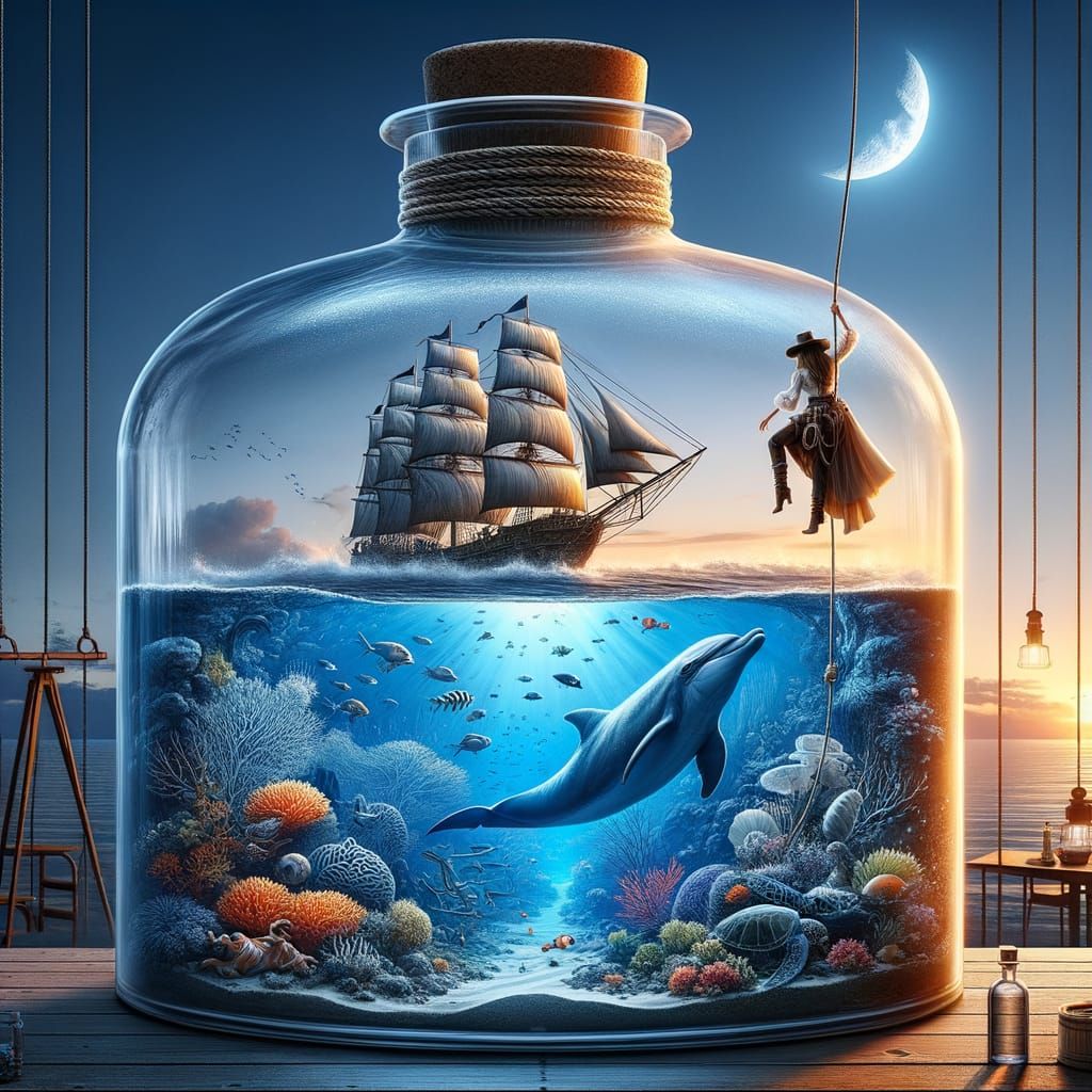 Cowgirl Rappels Glass Bottle Microcosm with Pirate Ship