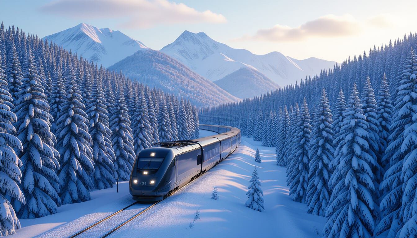Bullet Train Speeds Through Snowy Forest at Dawn