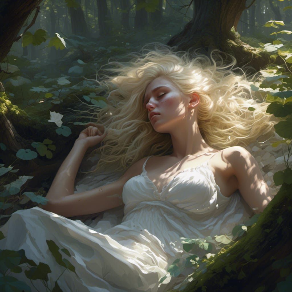 Ethereal Girl Sleeping in Forest: Dark Fantasy Art