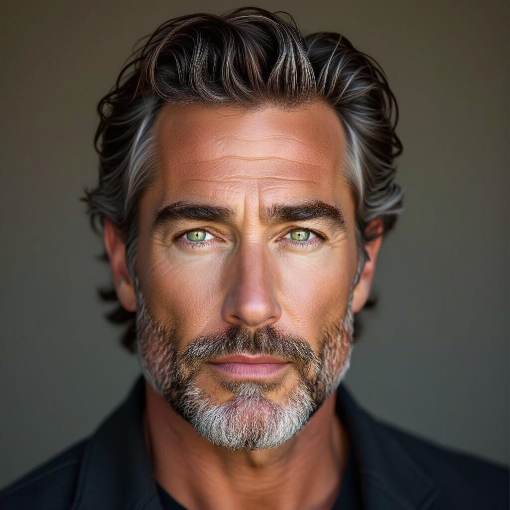 Rugged Silver-Haired Man with Intense Green-Blue Eyes
