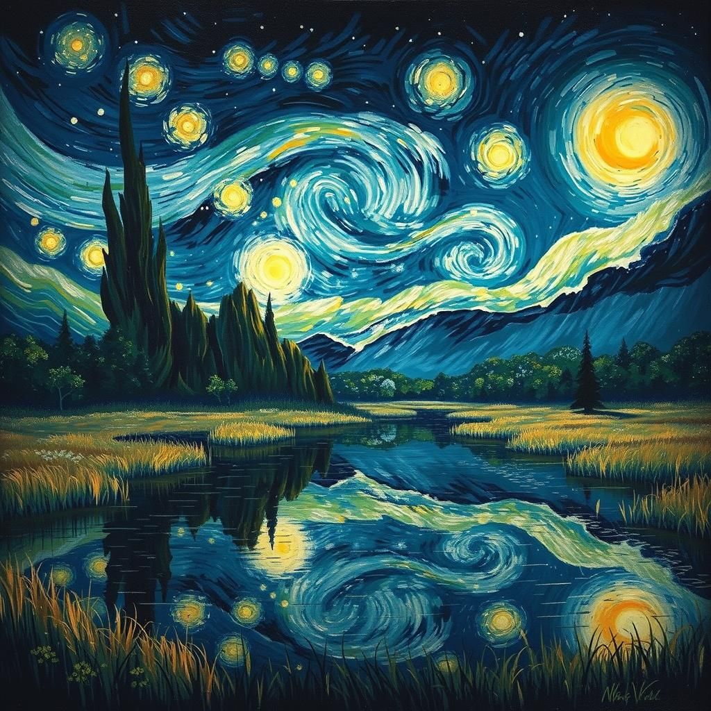 Starry Night Landscape Reflecting Van Gogh-Style Sky