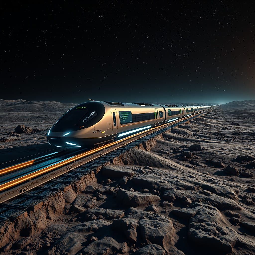 Photorealistic Futuristic Monorail Space Train Crossing Luna...
