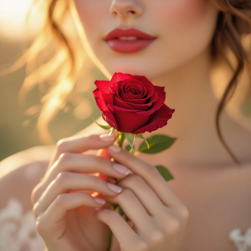 Hand Holds Red Rose with Melancholy Smile