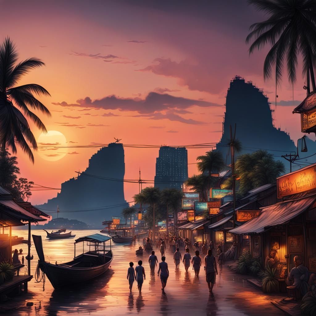 Thai Sunset Walk: Detailed Digital Sketch