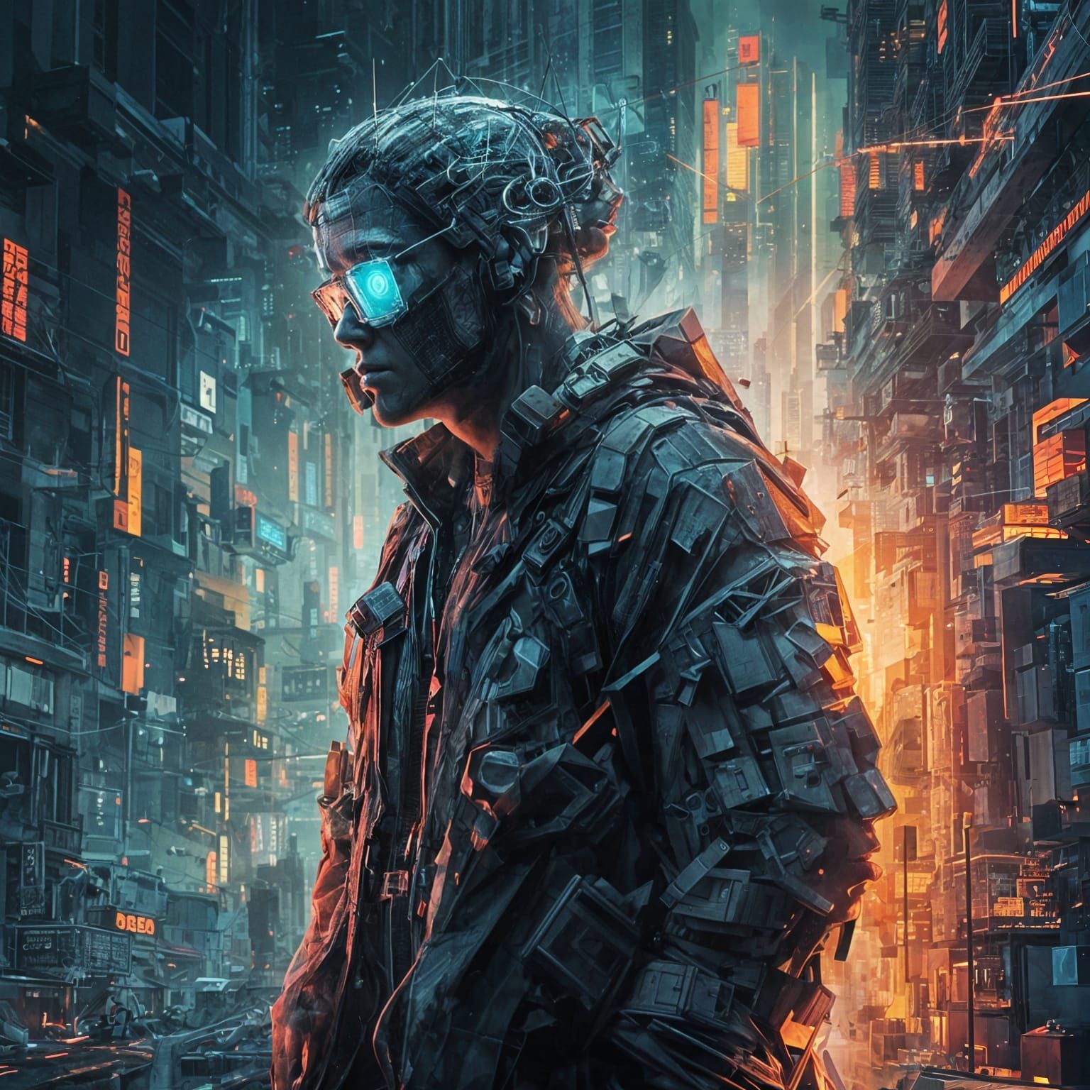 Glitched Human Figure in Surreal Cyberpunk World