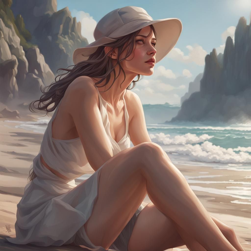 Girl on Beach, Hyperdetailed Portrait in Art Nouveau Style