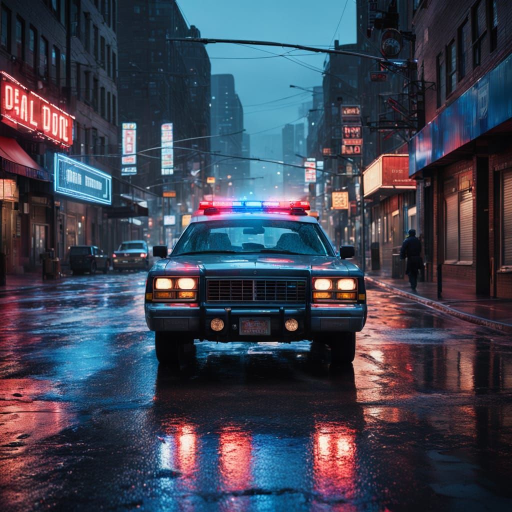 Police Car in Gritty Urban Landscape