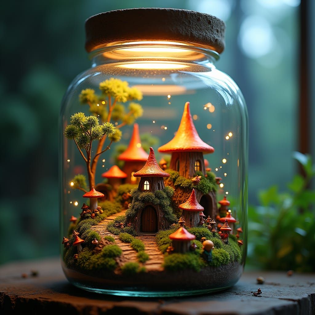 Miniature World in Jar with Fairy Lights: Hyperrealistic Pho...