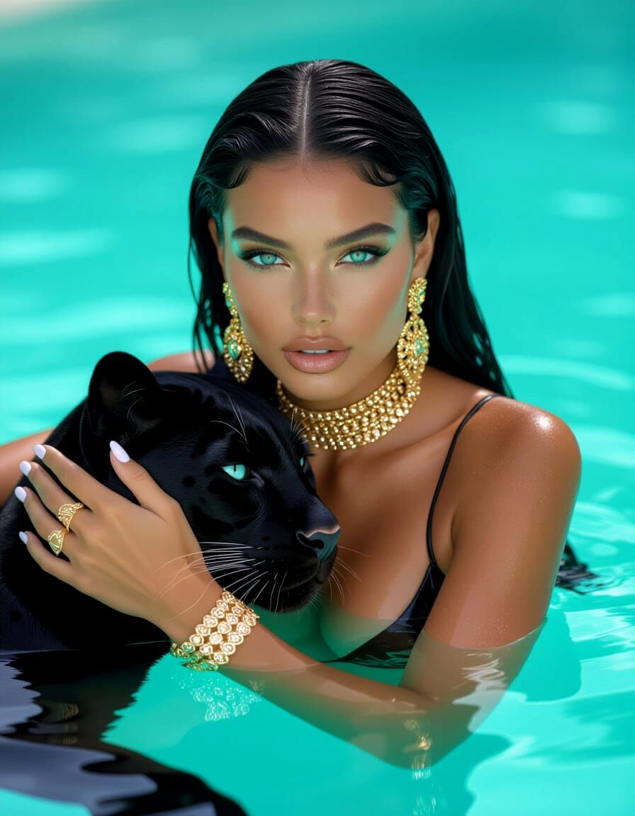 Woman Embraces Panther in Turquoise Water