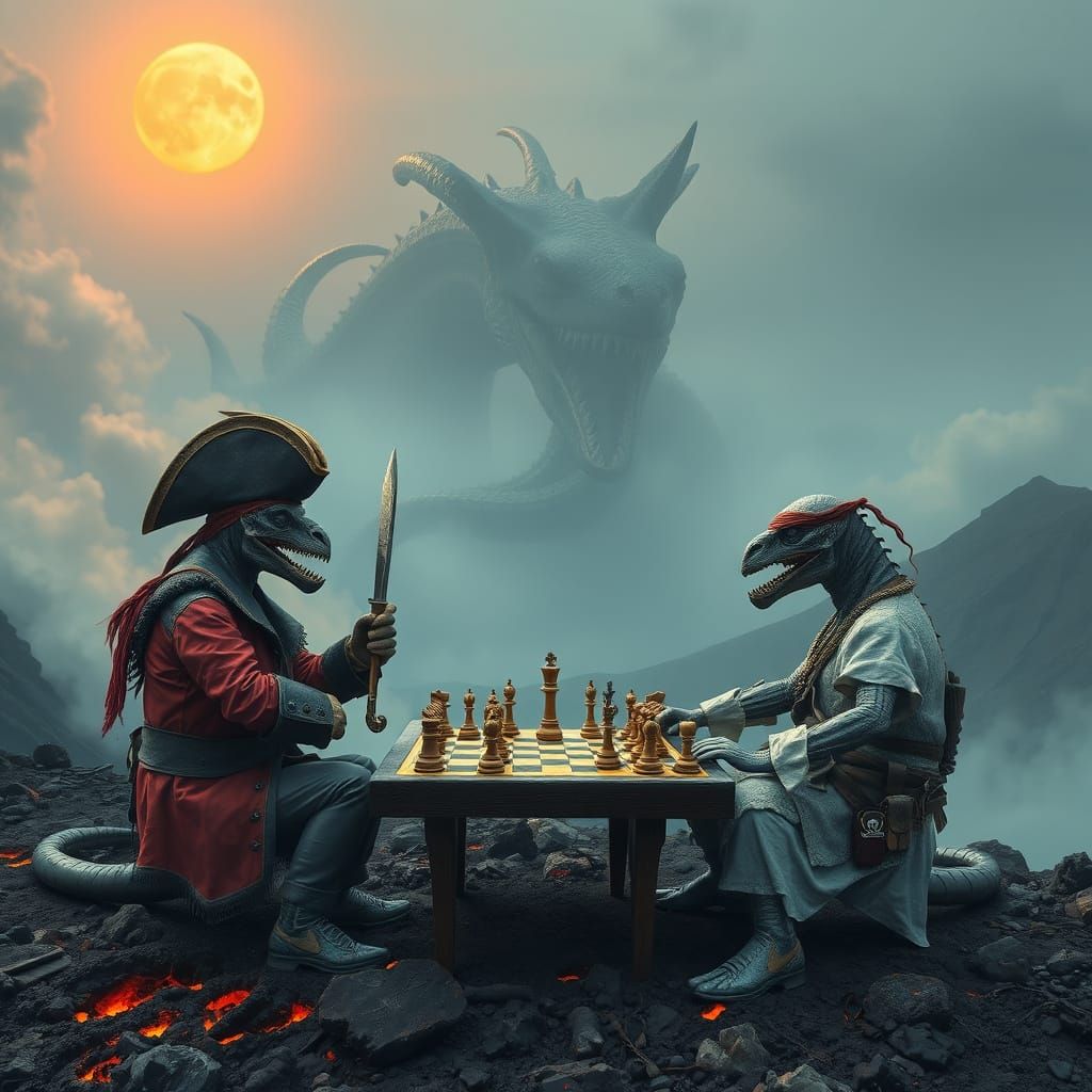 Monstrous Chess Duel Amidst Volcanic Fury