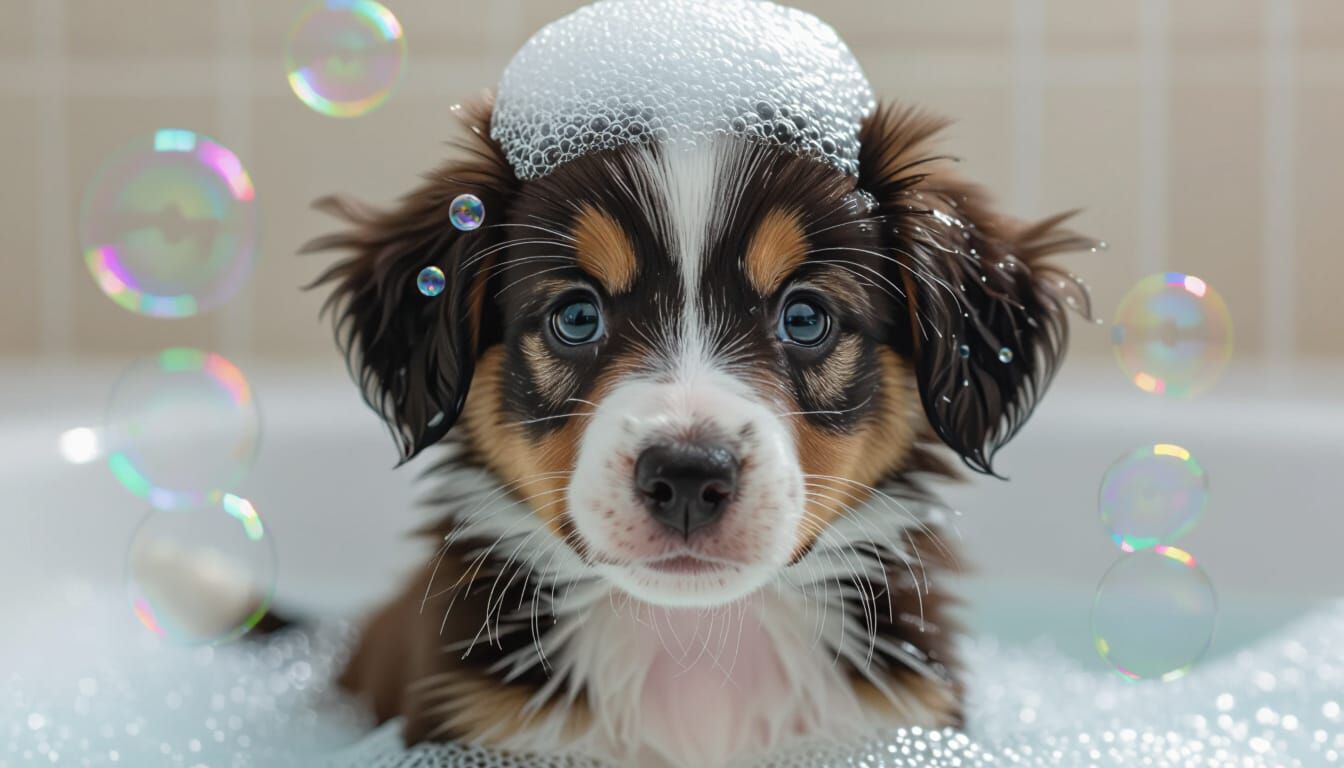 Rainbow Bubbles on Puppy Head: Hyper-Realistic Detail