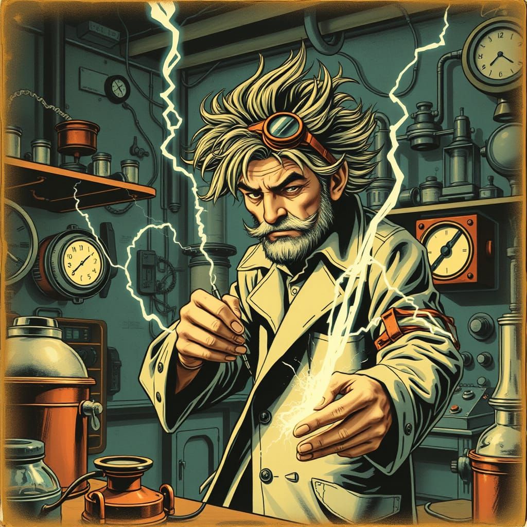 Mad Scientist in Retro-Futuristic Lab