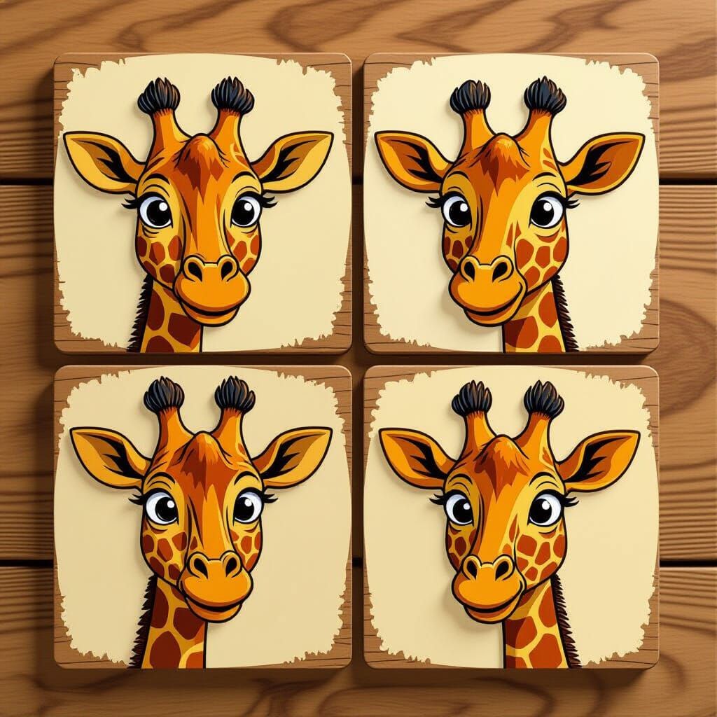 Four Cartoon Giraffe Faces on Wood Tiles Stencil Art Style