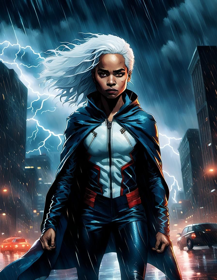 Storm Unleashes Power in Rainy Cityscape: Comic Book Art