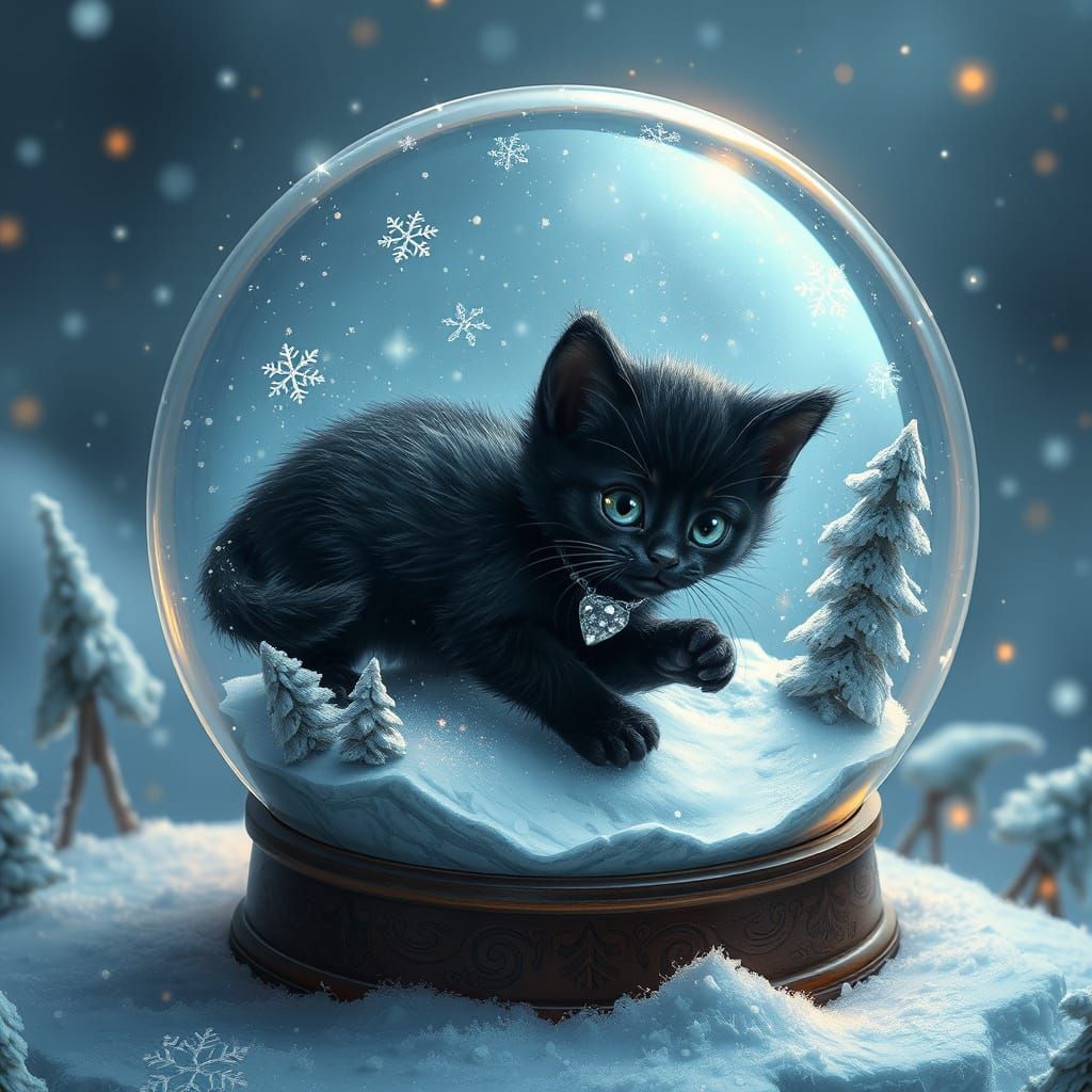 Whimsical Black Kitten in Enchanted Snow Globe Scene