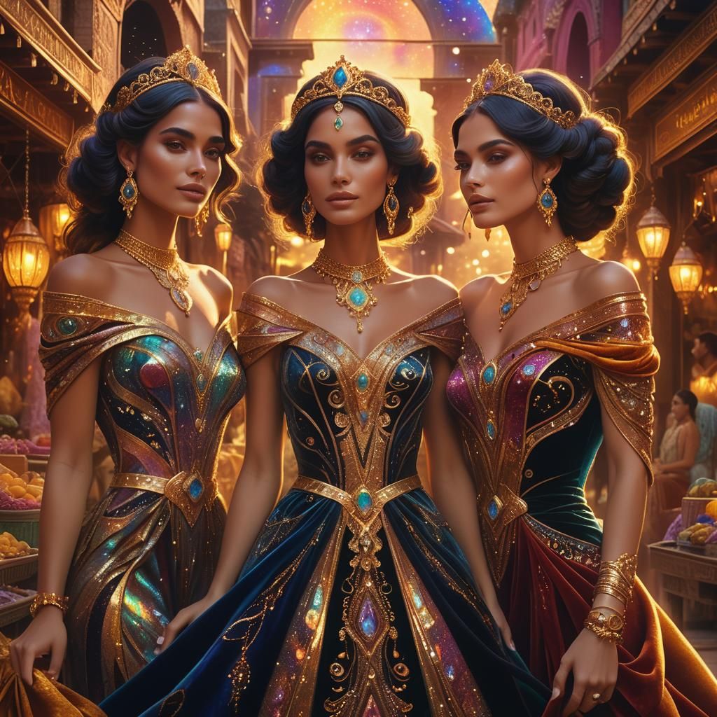 Cosmic Babylonian Princesses in Vibrant Velvet Gowns