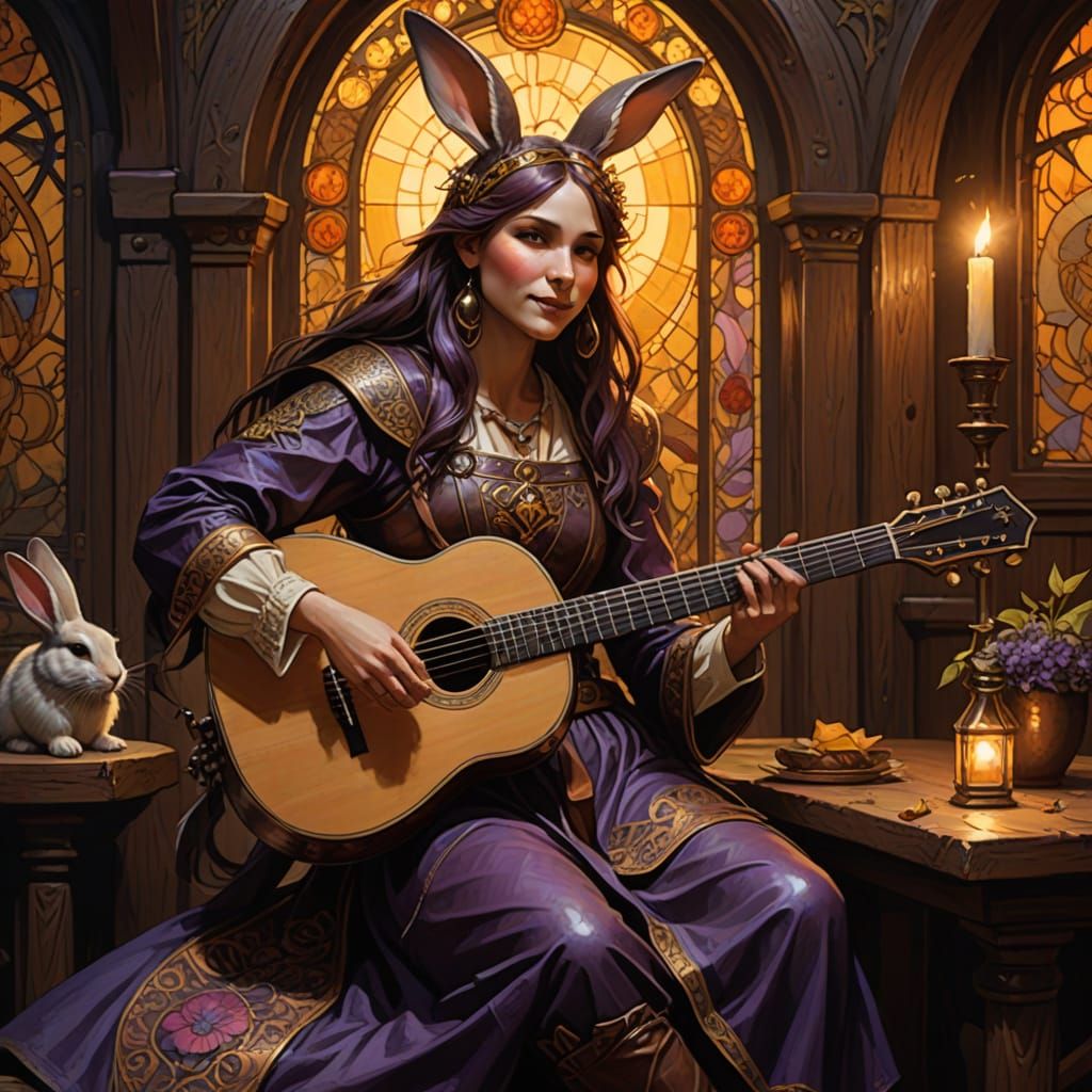 Medieval Bunny Bard Laughing in Candlelit Tavern