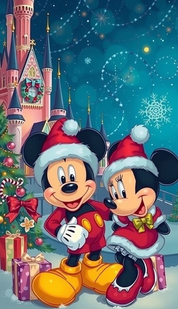Mickey and Minnie Mouse Christmas Scene in Enchanting Dark P...