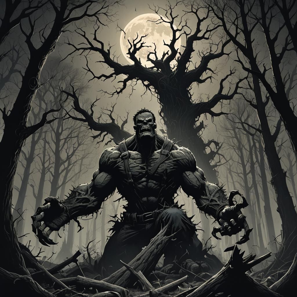Ominous Hulk in Dark Fantasy Forest