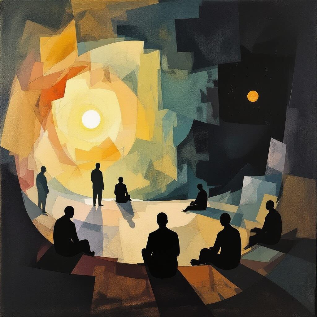 Figures Adrift in Cosmic Abyss, Inspired by Klee & Goya