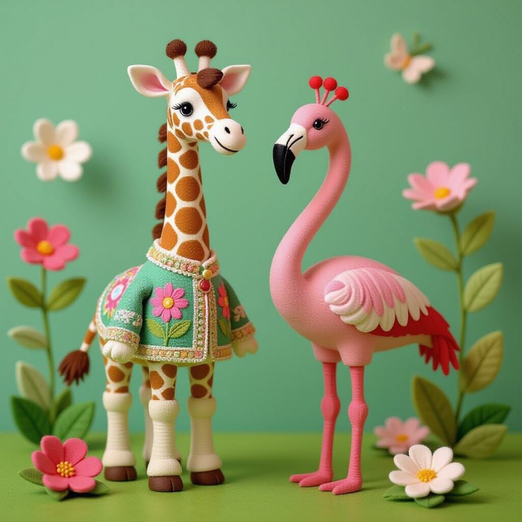 Embroidered Giraffe and Flamingo in Qajar Art Style