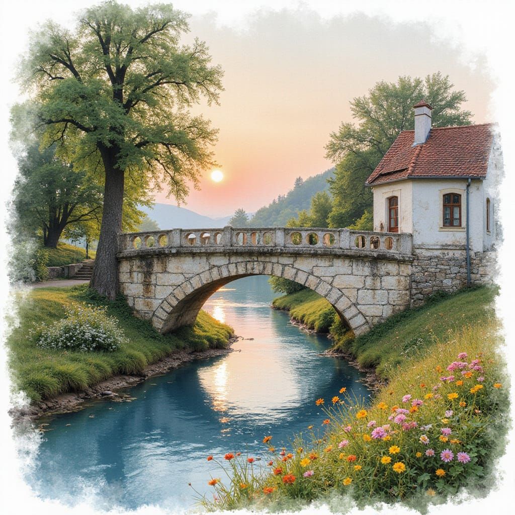 Scandinavian Village with Stone Bridge in Watercolour Style