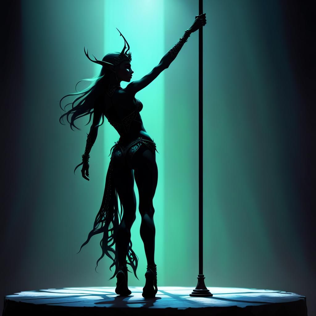 Elven Pole Dancer Silhouette in Dark Fantasy Art