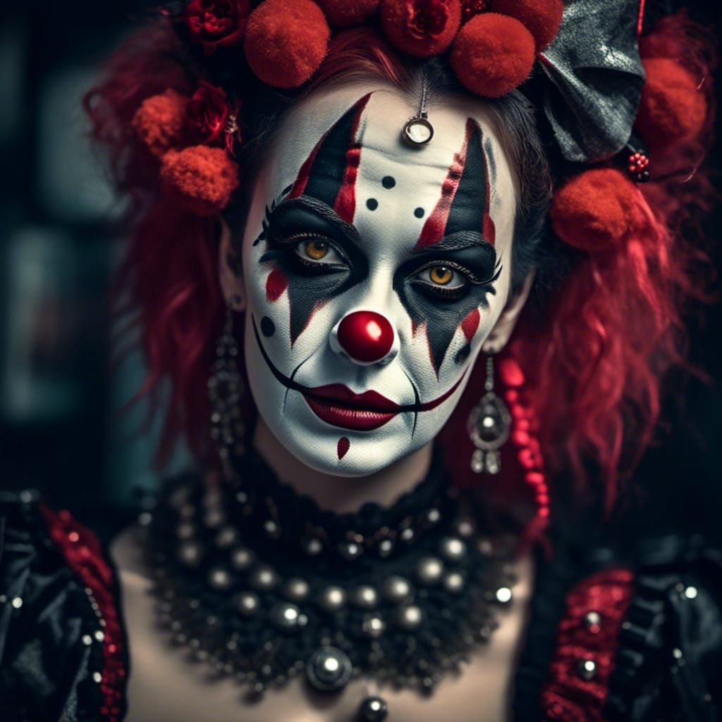 Gothic Clown Woman in Leather Outfit, Hyperrealistic
