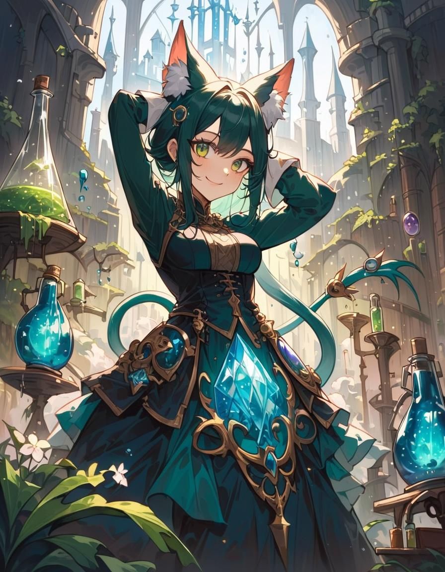 Anime Catgirl Alchemist in Fantasy Lab