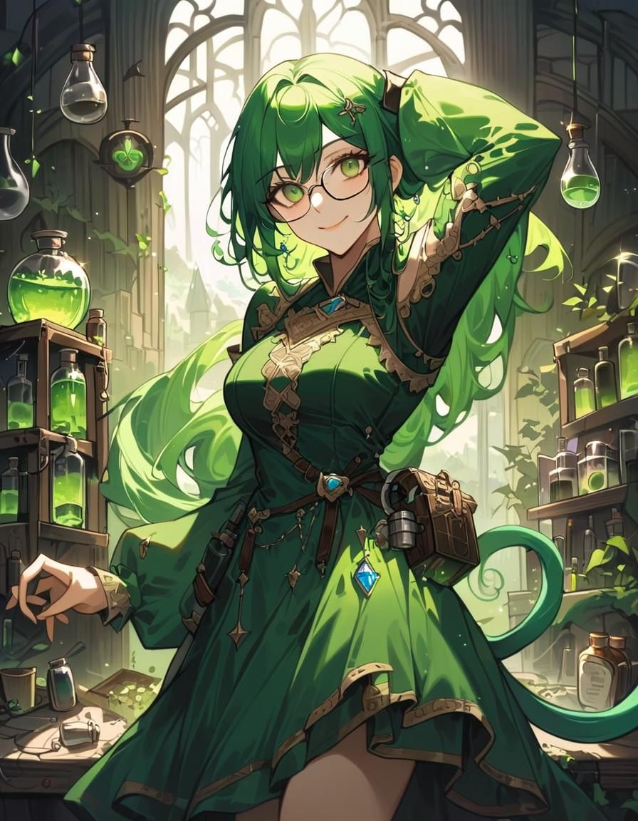 Anime Catgirl Alchemist in Fantasy Lab