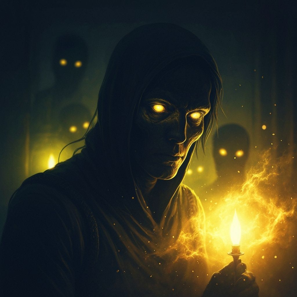 Shadowy Figure with Glowing Eyes in Dreamlike Nebula