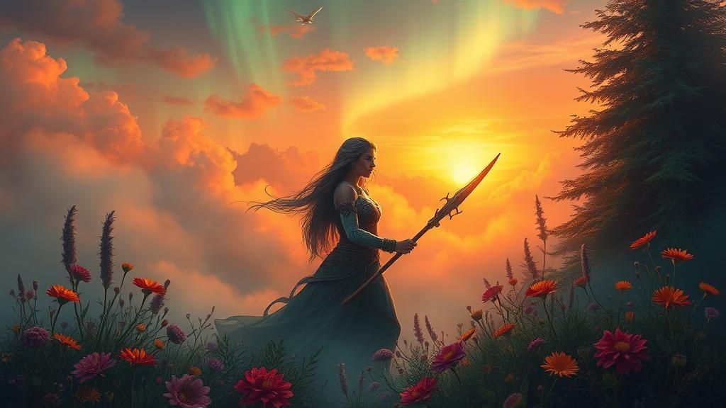 Mystical Female Warrior in Surreal Dreamscape