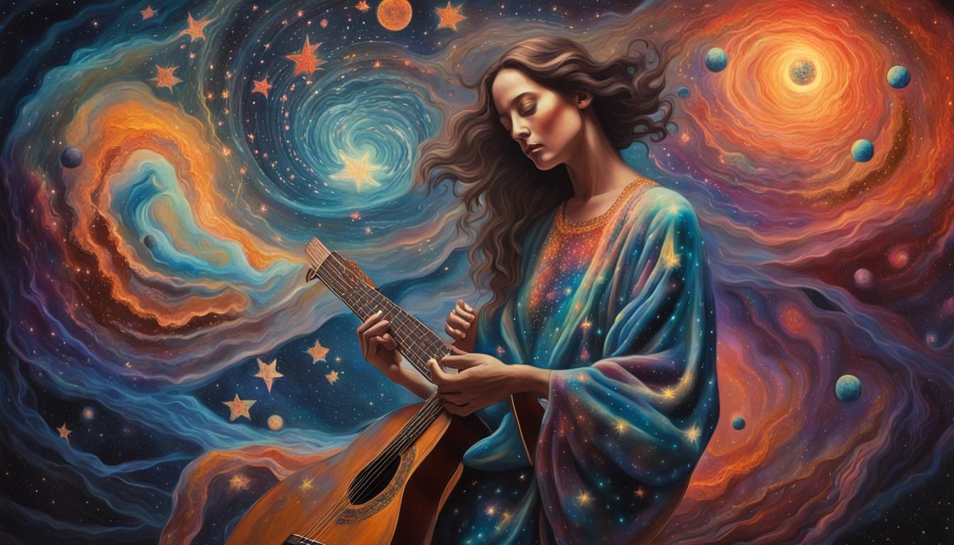 Cosmic Surrealist Painting of Glowing Woman in Nebula