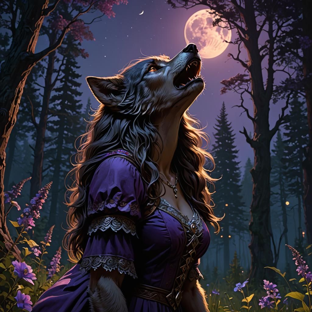 Werewolf Woman Howling at Moonlit Clearing