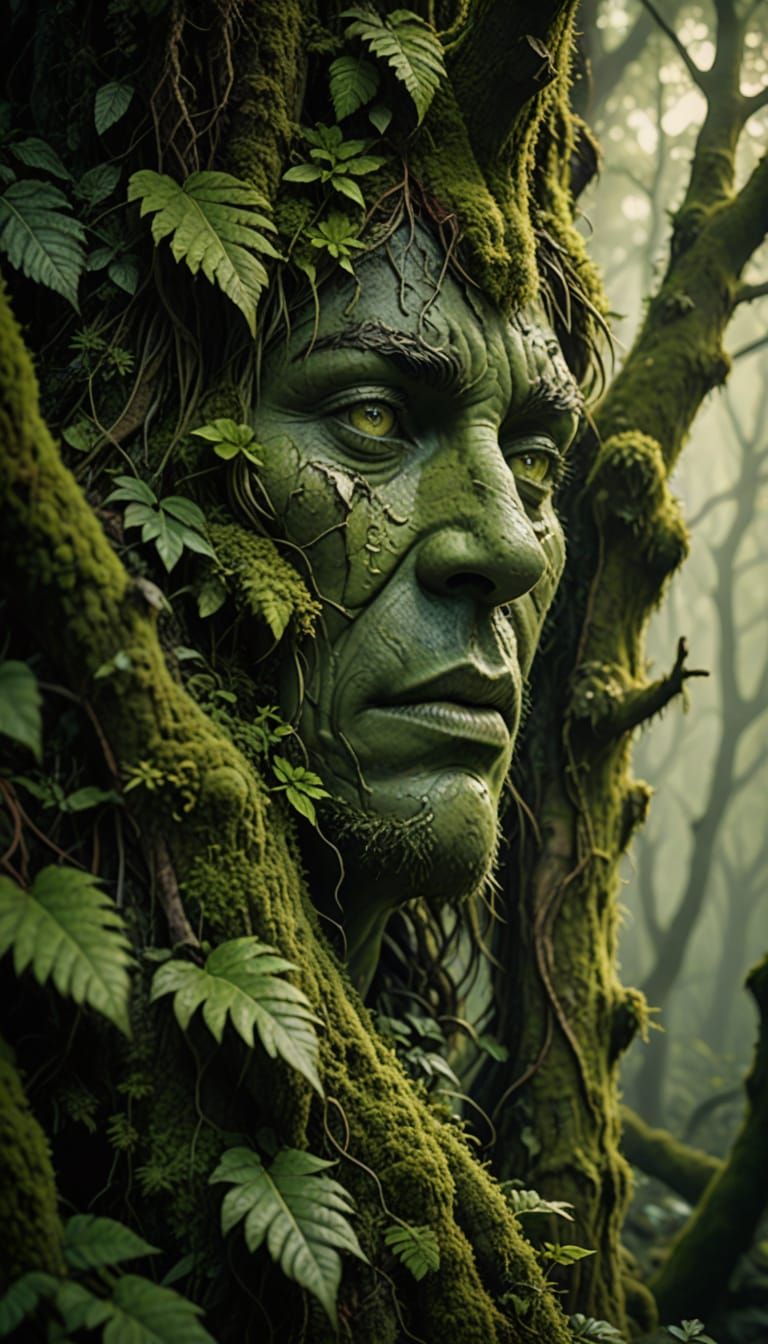 Mystical Green Humanoid Amidst Majestic Foliage