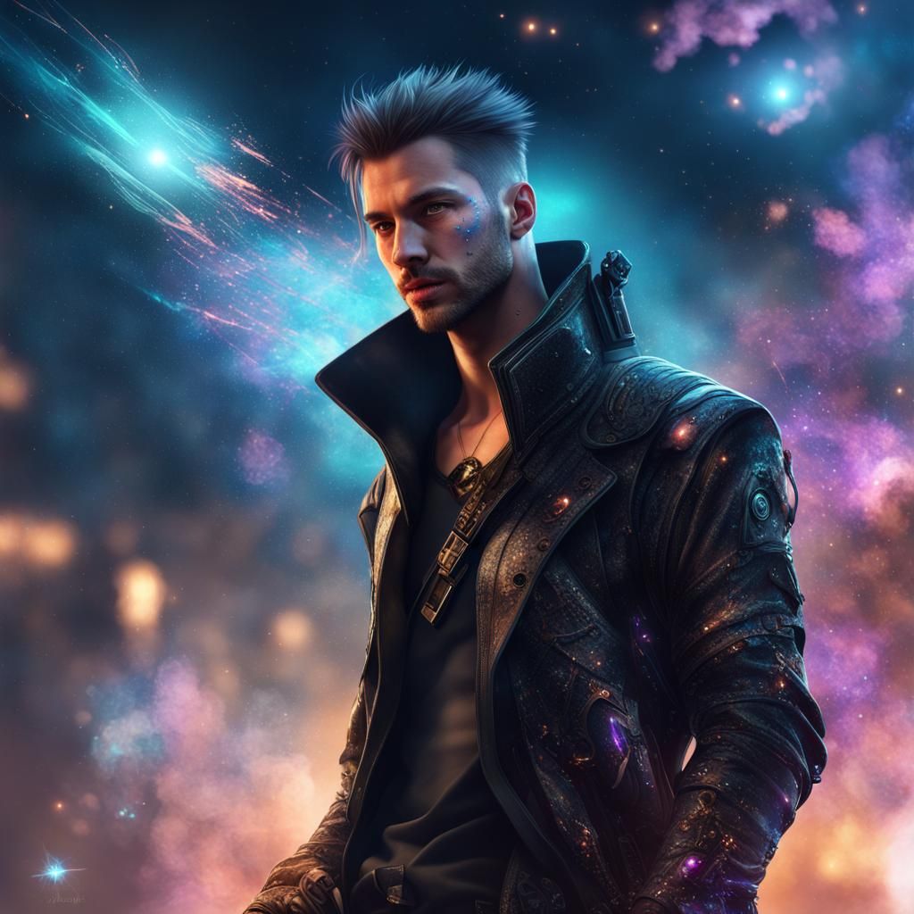Cyberpunk Assassin Portrait with Exploding Star Background