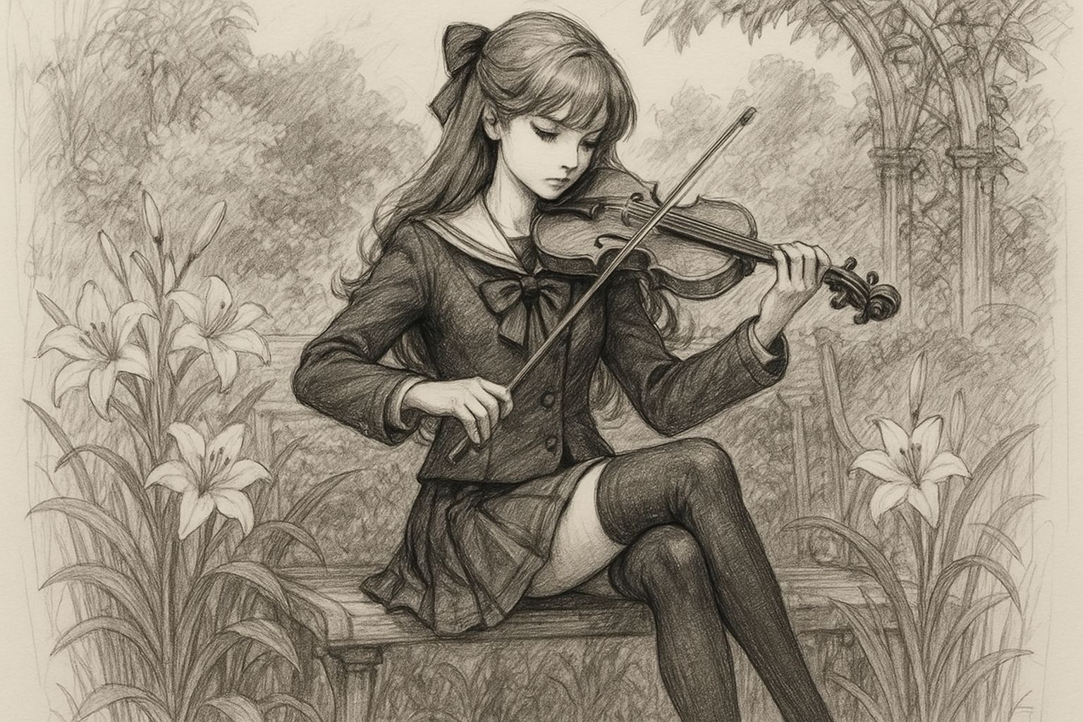 Elegant Young Woman Playing Violin in a Whimsical Garden