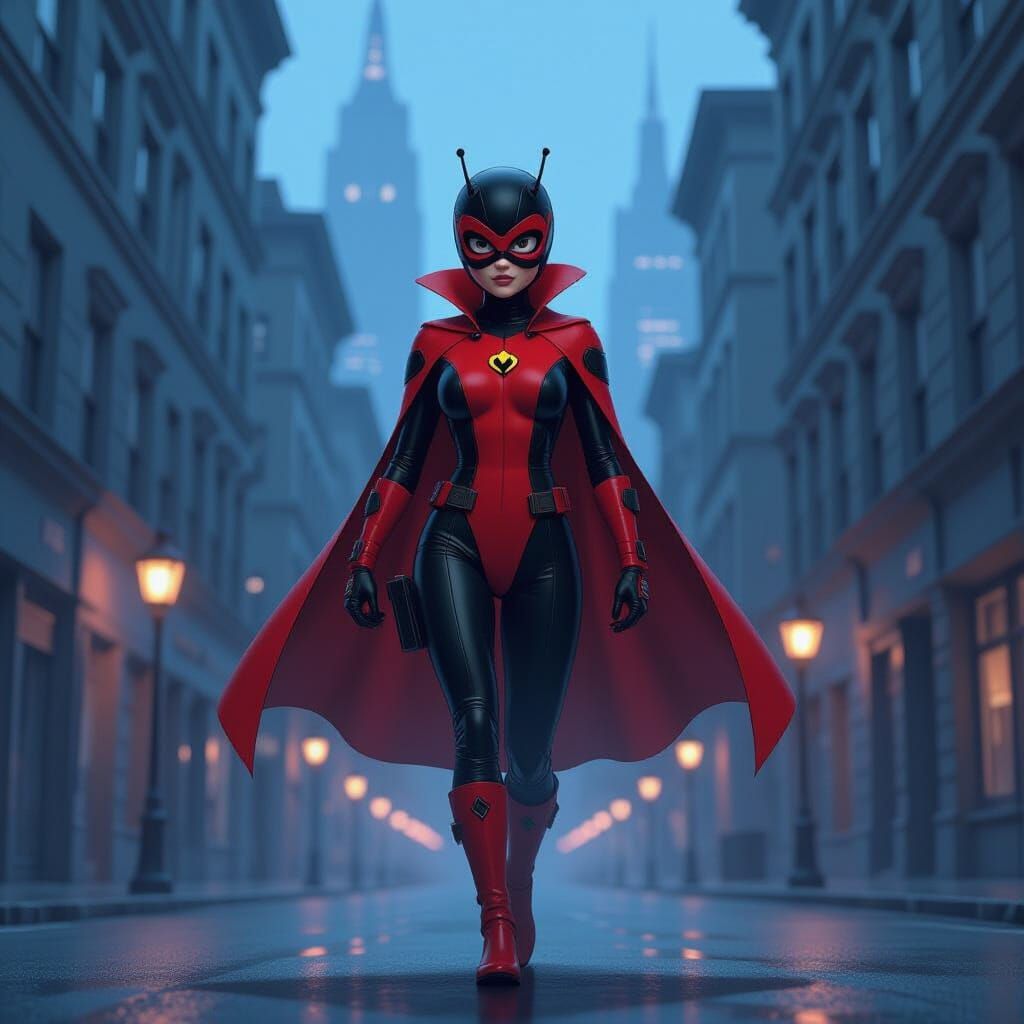 Ladybug Heroic Landing in Neo Noir Cityscape