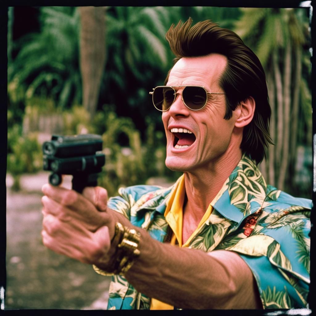 /imagine prompt: jim carrey as ace ventura Pet detective ::   --chaos 29 --stylize 493