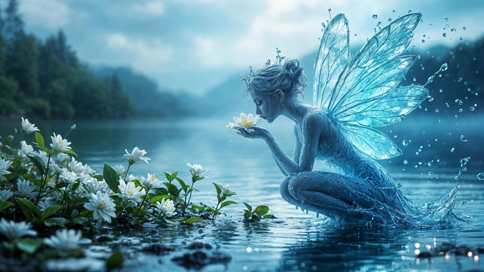 Water Fairy Smelling Flower at Lake Edge