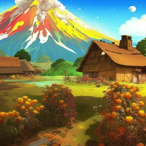 Volcano Eruption over Colorful Village, Anime Style