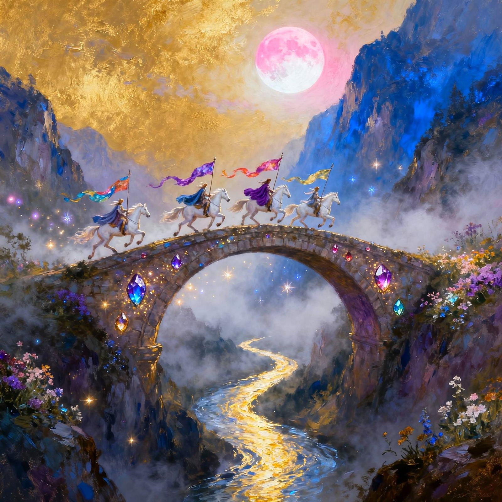 Elven Riders on Crystal Bridge in Foggy Valley