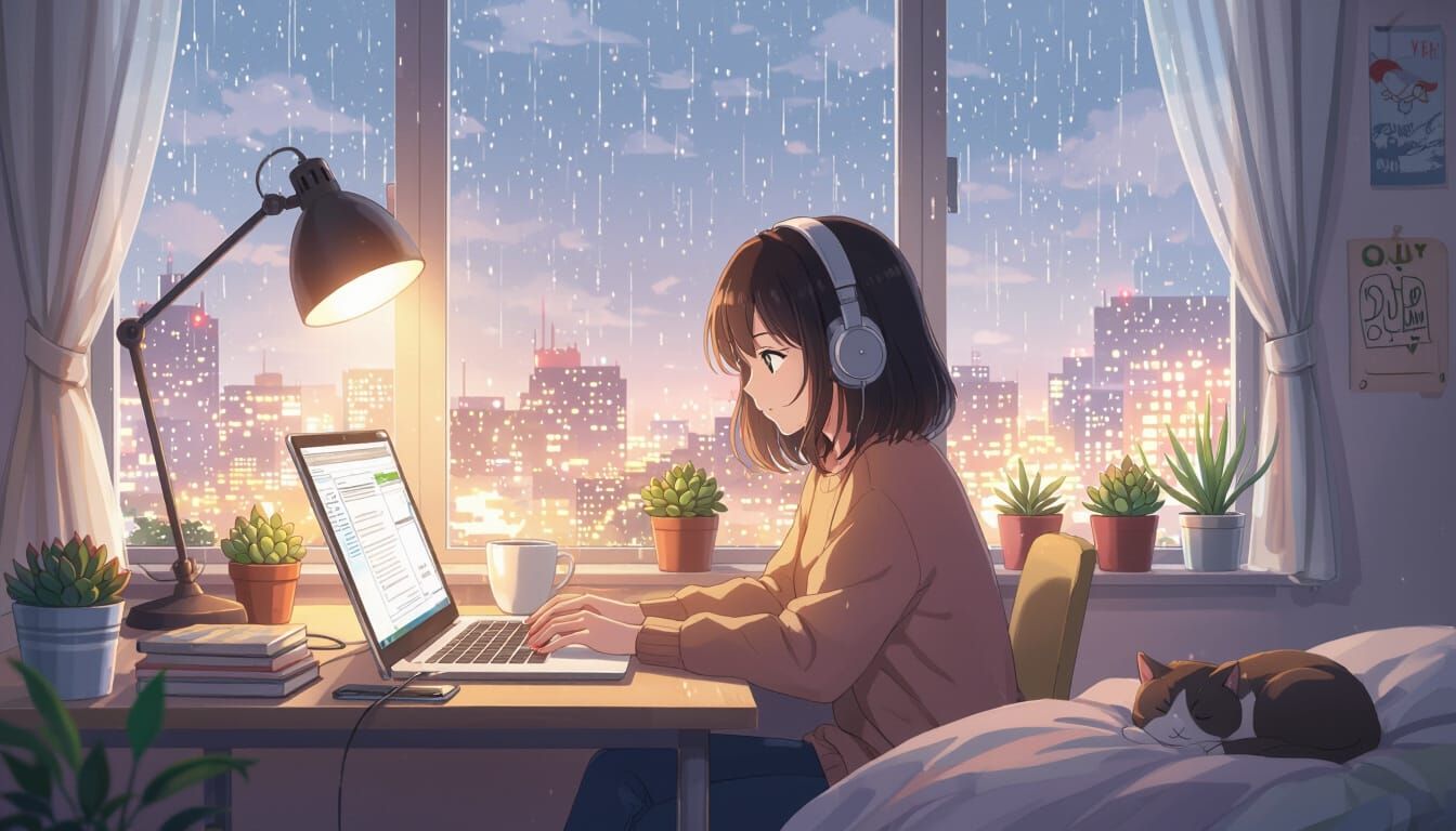Cozy Lofi Anime Girl Studying on a Rainy Day