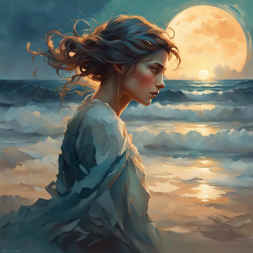 Moonlit Beach Portrait in Hyperdetailed Style