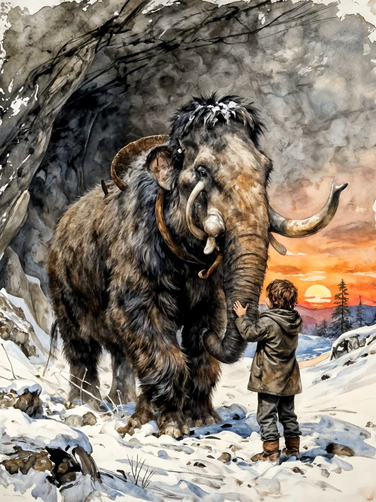 Cave Child Riding Woolly Mammoth at Sunset Sketch