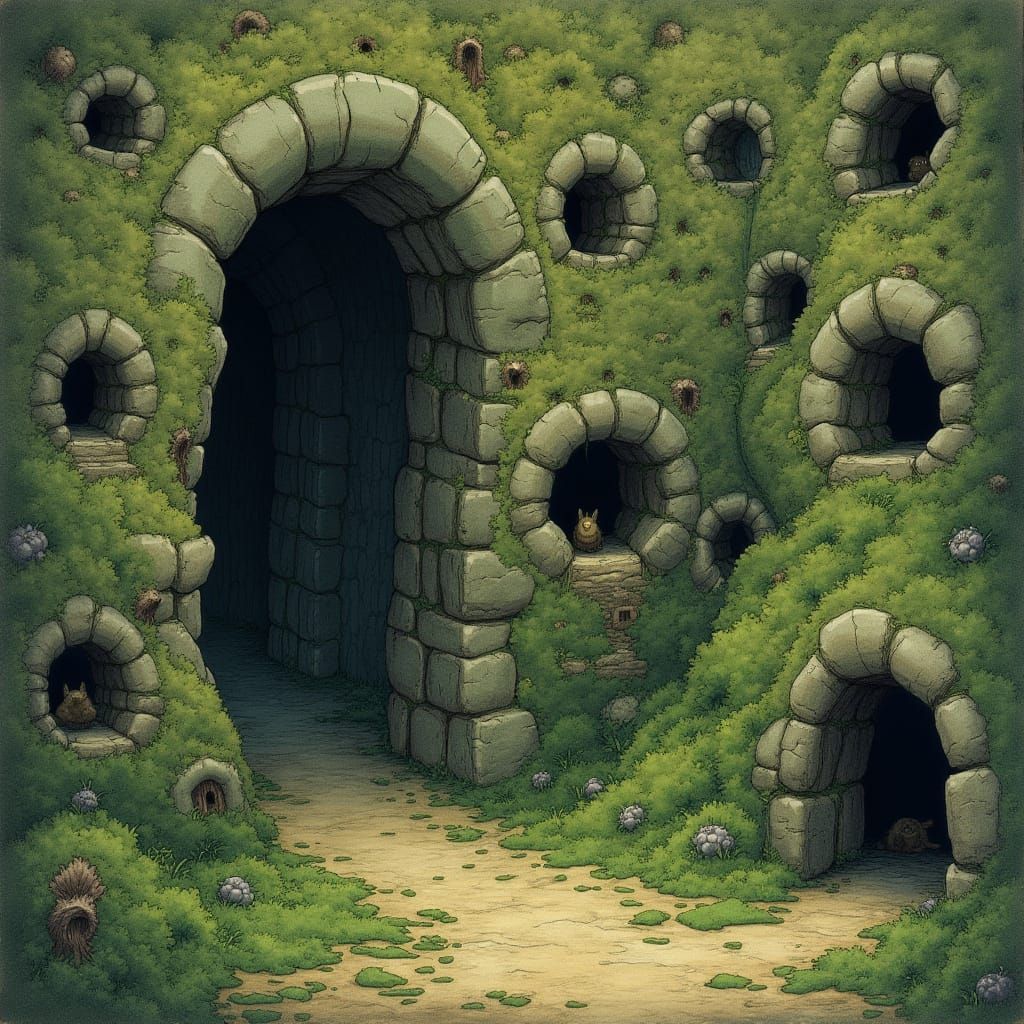 Mossy Stone Wall With Creature Entrances, Arthur Rackham Sty...