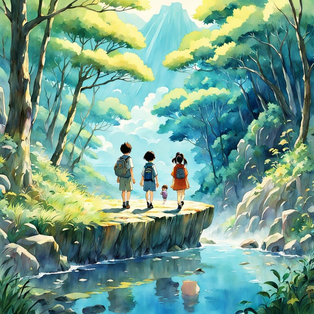 Ghibli Characters in Whimsical Japanese Landscape