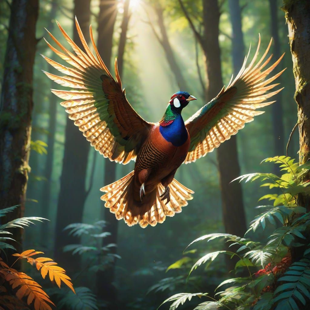 Pheasant in Flight: A Jewel-Toned Forest Scene