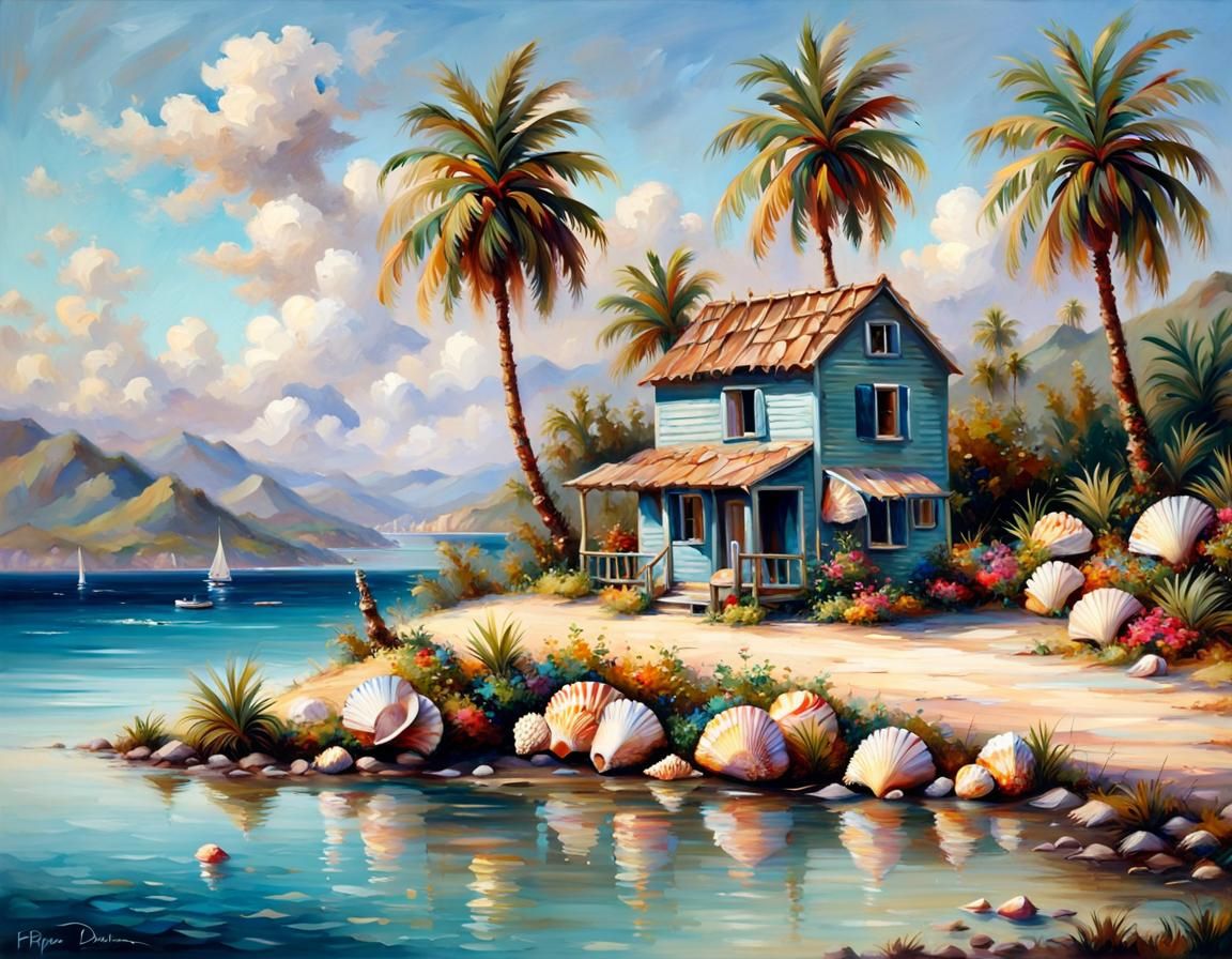 Seashell House on Lagoon in Hyperrealistic Style
