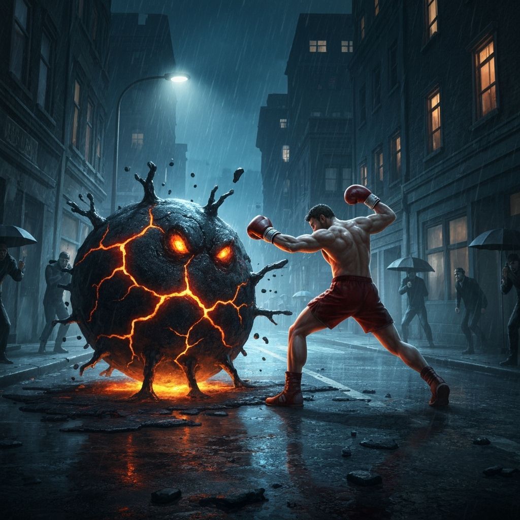 Boxer Fights Asphalt Monster in Gritty Cityscape